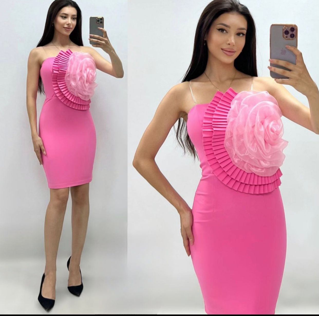 Chic pink dress with rose pattern